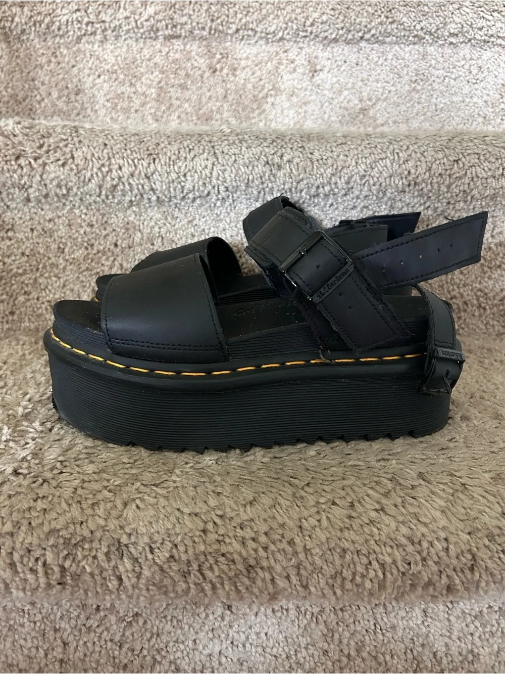 Dr. Martens Black Platform Sandals with Yellow Stitching